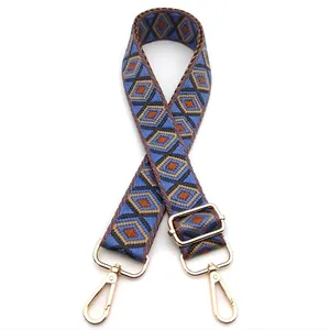 Detail of adjustable woven bag strap with retro blue and orange geometric diamond patterns