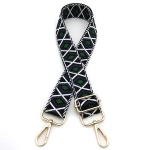 Macro detail of adjustable shoulder strap with blue and green geometric diamond patterns