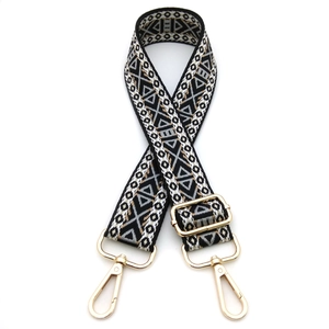 Ethnic bohemian style embroidered jacquard shoulder strap with golden metal buckles