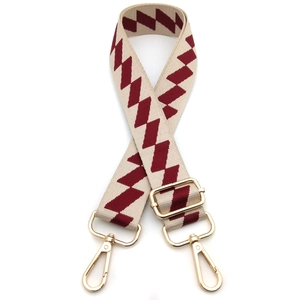 Adjustable beige and deep red diamond jacquard shoulder strap with gold hardware hooks