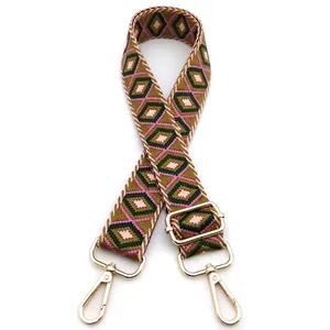 Macro detail of adjustable No. 23 geometric woven bag strap with golden hardware