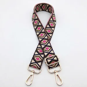 Adjustable woven shoulder strap with retro diamond pattern and gold metal hooks