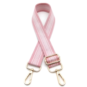 Pink and white twill striped adjustable bag strap with gold metal lobster clasps