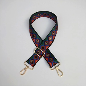 Adjustable colorful woven bag strap with retro geometric patterns and gold lobster clasps