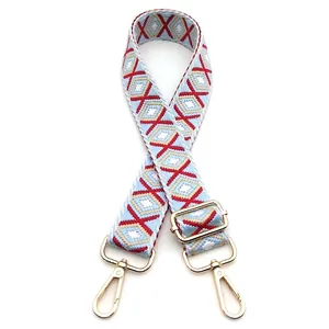 Detail view of woven diamond pattern bag strap with polished gold hardware buckles