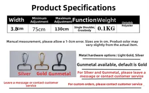 Detail view of 3.8cm adjustable polyester bag strap with silver, gold and gunmetal hooks