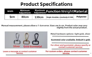 Detail of adjustable 5cm wide polyester bag strap with metallic hooks in three colors