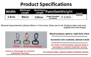 Size guide for adjustable 3.8cm wide polyester bag strap with metal hardware detail
