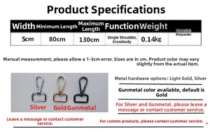 Detail view of 5cm wide adjustable polyester bag strap with metal hooks specs