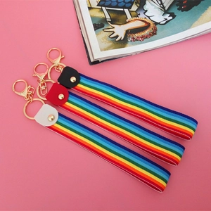 Rainbow striped lanyard keychain set with colorful webbing and gold metal hardware