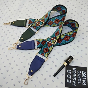 Detail of colorful geometric woven shoulder straps with golden metal carabiner hooks