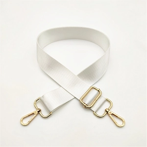 Adjustable white nylon shoulder strap with shiny gold swivel lobster clasps and buckles