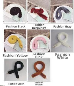 Close-up of plush faux fur replacement straps in eight colors with gold metal hooks