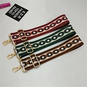 Close-up of adjustable colorful patterned fabric bag straps with gold metal hooks