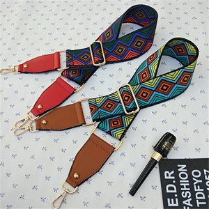 Adjustable geometric ethnic style shoulder strap with colorful patterns and gold buckles