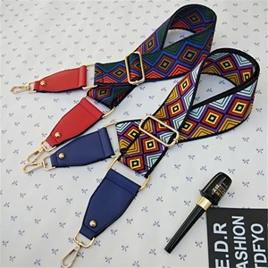 Adjustable colorful wide woven shoulder strap with geometric diamond pattern and gold hooks