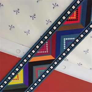 Detail of ethnic style geometric woven bag strap with colorful red blue and yellow patterns