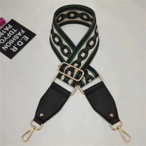 Detail of colorful geometric woven bag strap with black leather ends and gold metal clips