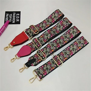 Ethnic Floral Wide Bag Strap Adjustable Polyester Shoulder Strap PU Leather Ends Metal Hook For Women Handbag Accessory