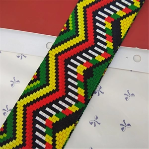 Detailed view of colorful ethnic weave shoulder strap with geometric wave pattern