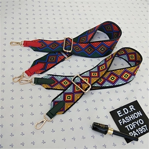 Adjustable geometric pattern wide shoulder strap for cross-body bags with gold metal hooks
