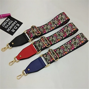 Adjustable ethnic style wide embroidery purse strap with gold metal hooks for handbags