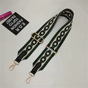Detail of adjustable green and beige striped canvas strap with golden metal lobster clasps