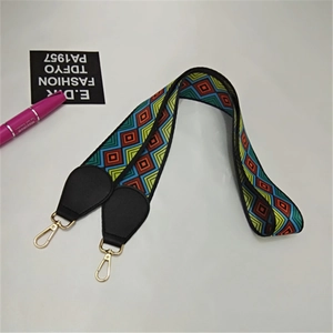 Detail of colorful ethnic geometric woven bag strap with polished gold swivel lobster clasps