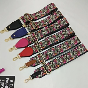 Adjustable wide replacement bag straps with colorful ethnic floral embroidery and gold hooks