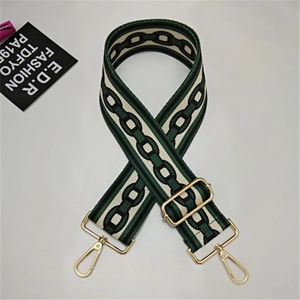 Detail of adjustable wide bag strap featuring green and black geometric chain patterns