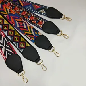 Ethnic bohemian style colorful wide woven purse straps with gold metal hooks and leather