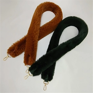 Faux fur wide shoulder straps for handbags in brown and green with gold metal hooks