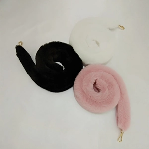 Close-up of fluffy faux fur replacement bag straps in black, beige and pink colors