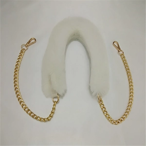 Detail of faux fur shoulder strap with gold chain links and metal lobster clasps