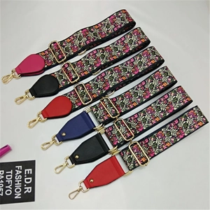 Adjustable ethnic floral wide shoulder straps for crossbody bags with gold metal hooks