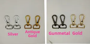 Detailed view of metal lobster clasps in silver, antique gold, gunmetal and gold colors