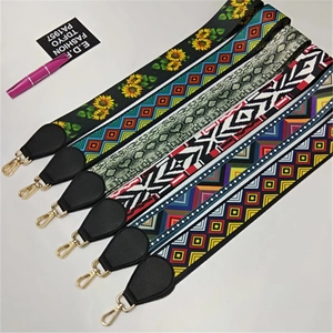 Ethnic style wide replacement shoulder straps with colorful patterns and gold metal hooks