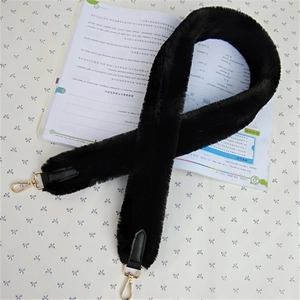 Plush faux rabbit fur shoulder strap in black with golden metal buckles for handbags