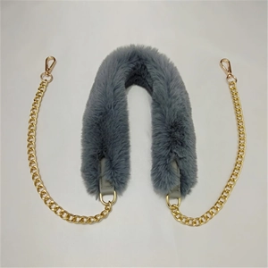Detail showing the gray faux fur texture and gold metal chain of the bag strap replacement