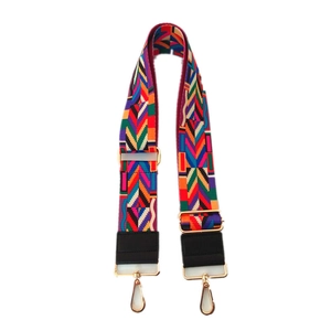 Ethnic style woven wide shoulder strap with colorful geometric patterns and gold hooks