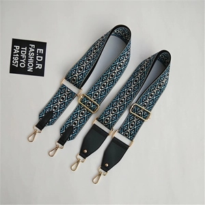 Ethnic blue and white geometric pattern wide adjustable shoulder strap with gold hooks