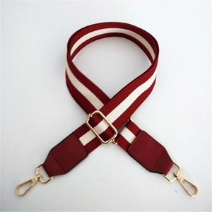 Detail of red and white striped fabric strap with golden metal carabiner and buckle
