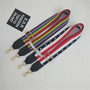Adjustable woven purse straps in rainbow and American flag patterns with gold hooks