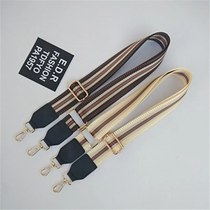 Adjustable wide ethnic style fabric bag strap with colorful stripes and gold metal hooks