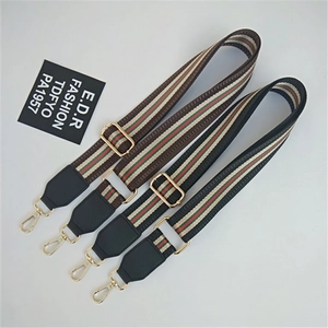 Detail of adjustable canvas bag straps with classic green and red striped webbing and gold hooks