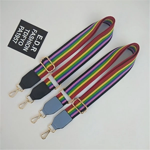 Detail view of colorful striped woven replacement bag straps with gold metal clasps