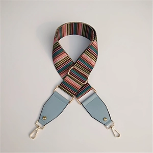 Detail of colorful striped woven replacement bag strap with light blue leather ends