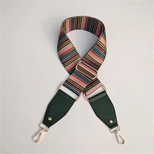 Detail of adjustable colorful striped woven shoulder strap with gold metal swivel snap hooks