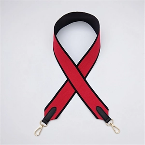 Adjustable wide canvas replacement bag strap with red and black stitching and gold hooks