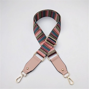 Adjustable colorful ethnic pattern shoulder strap with gold clips and pink faux leather trim